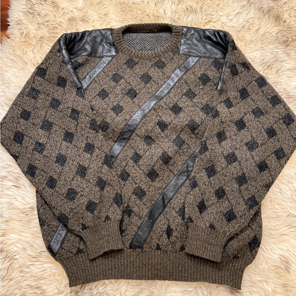 Vintage Italian Wool Blend Sweater w/ Leather Trim Made In Italy 🇮🇹 Mens XL